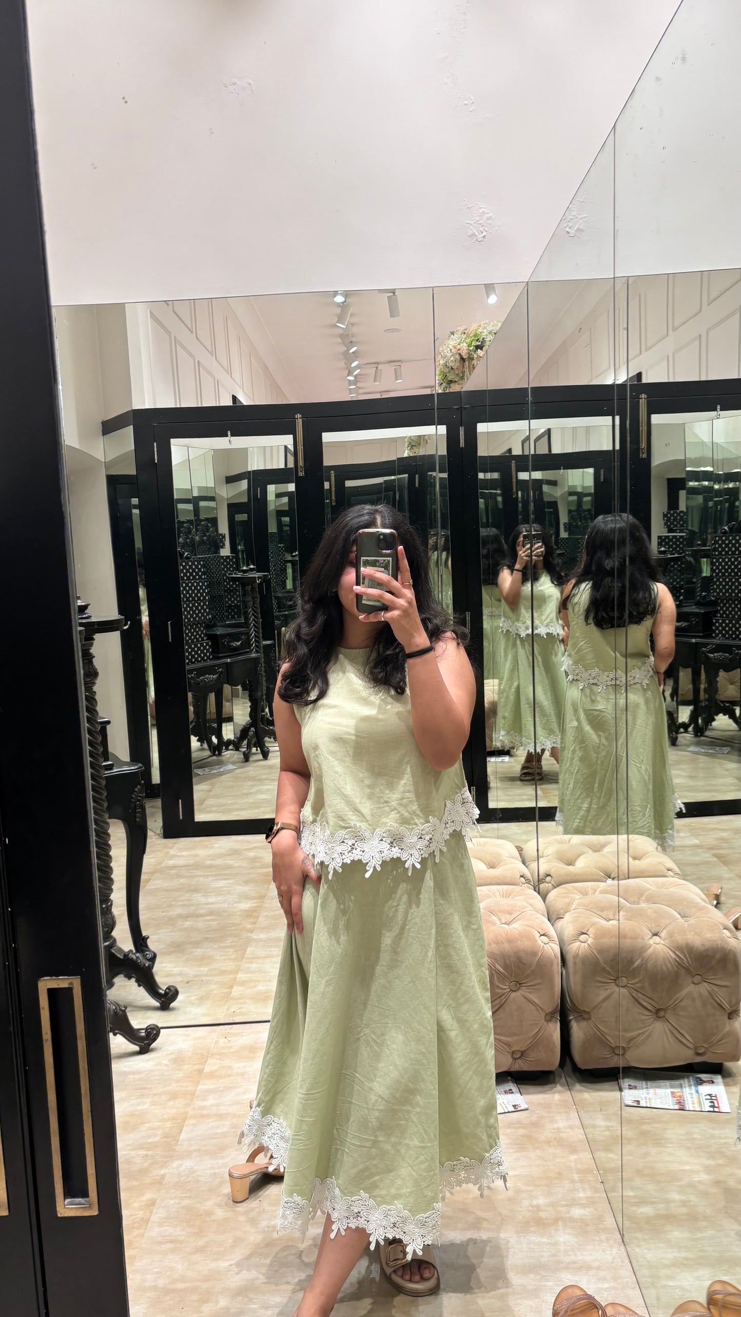 Vama pista green linen skirt set