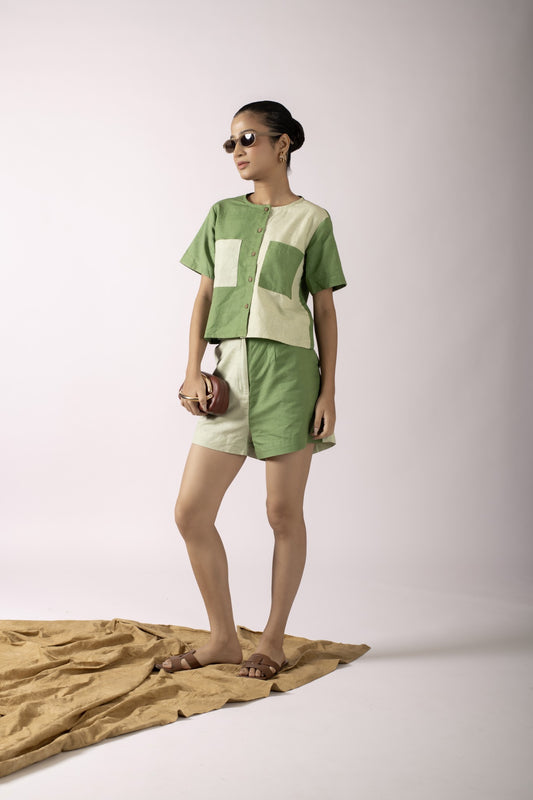SAYLOR GREEN COLOURBLOCK SHIRT AND SHORTS