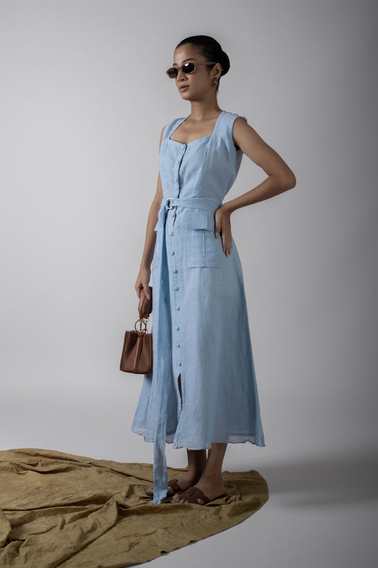 NORA BLUE PLACKET MAXI DRESS WITH BELT