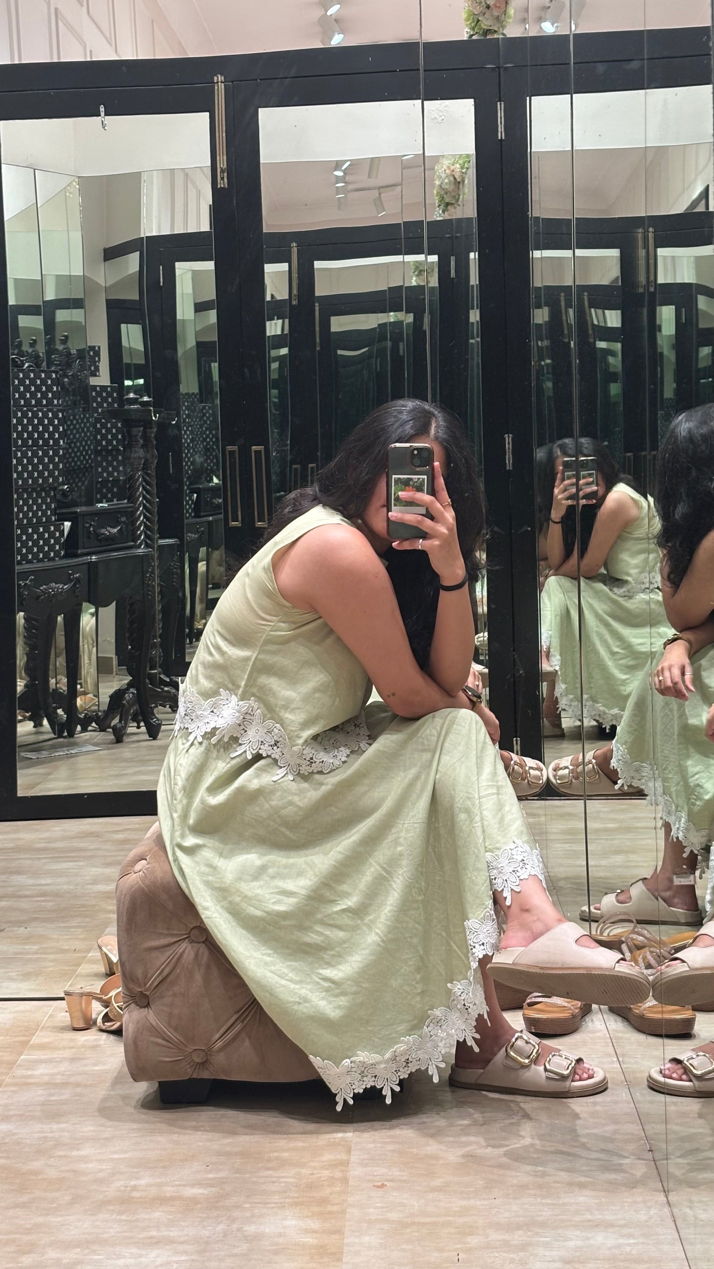 Vama pista green linen skirt set