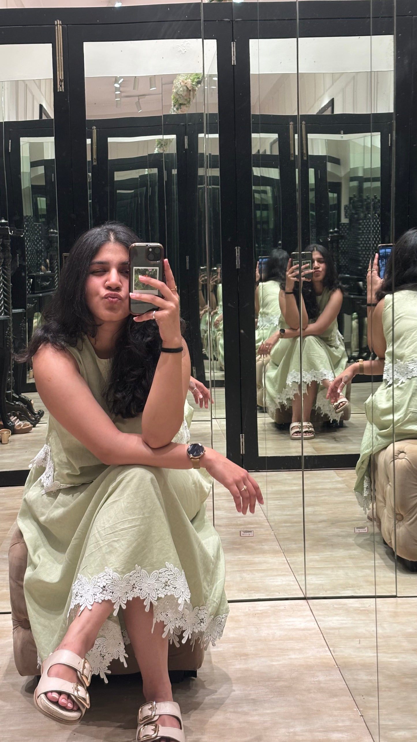 Vama pista green linen skirt set