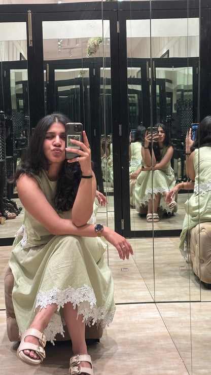 Vama pista green linen skirt set