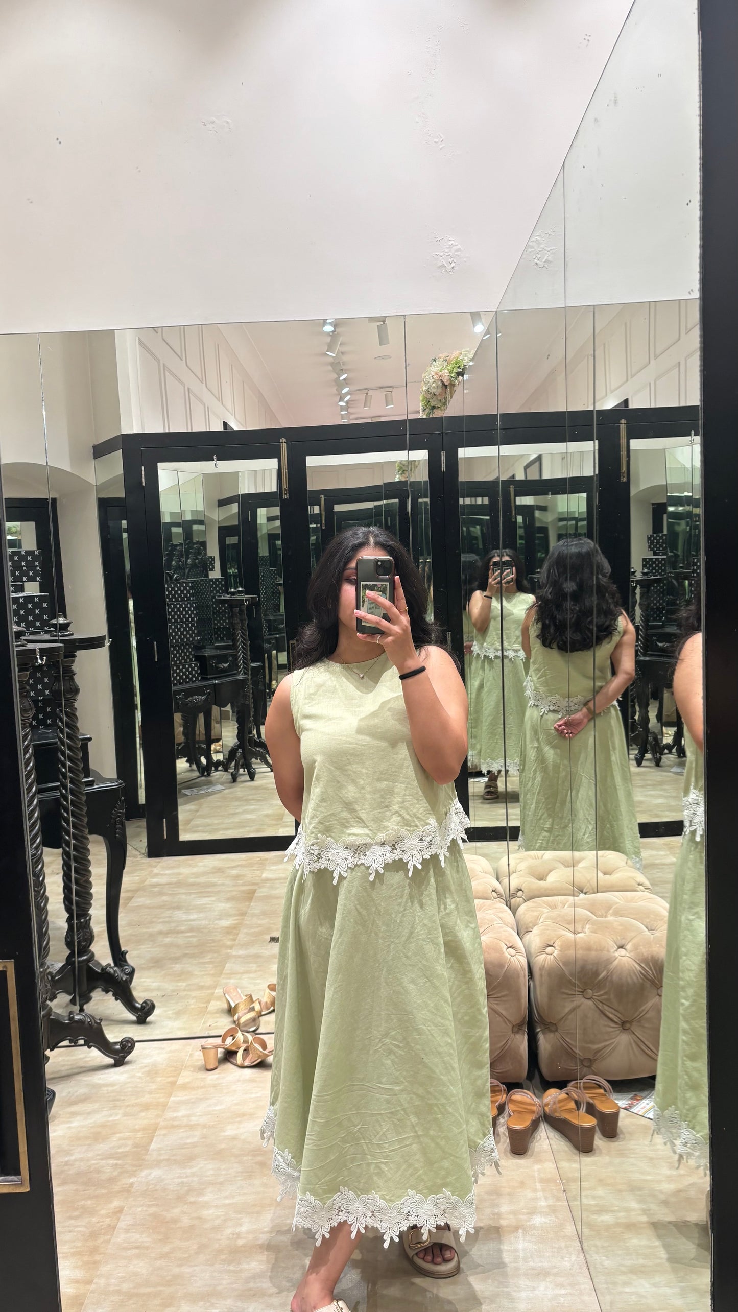 Vama pista green linen skirt set