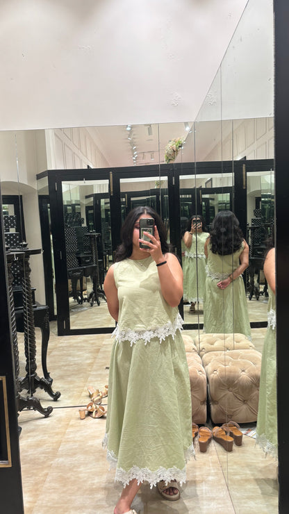 Vama pista green linen skirt set