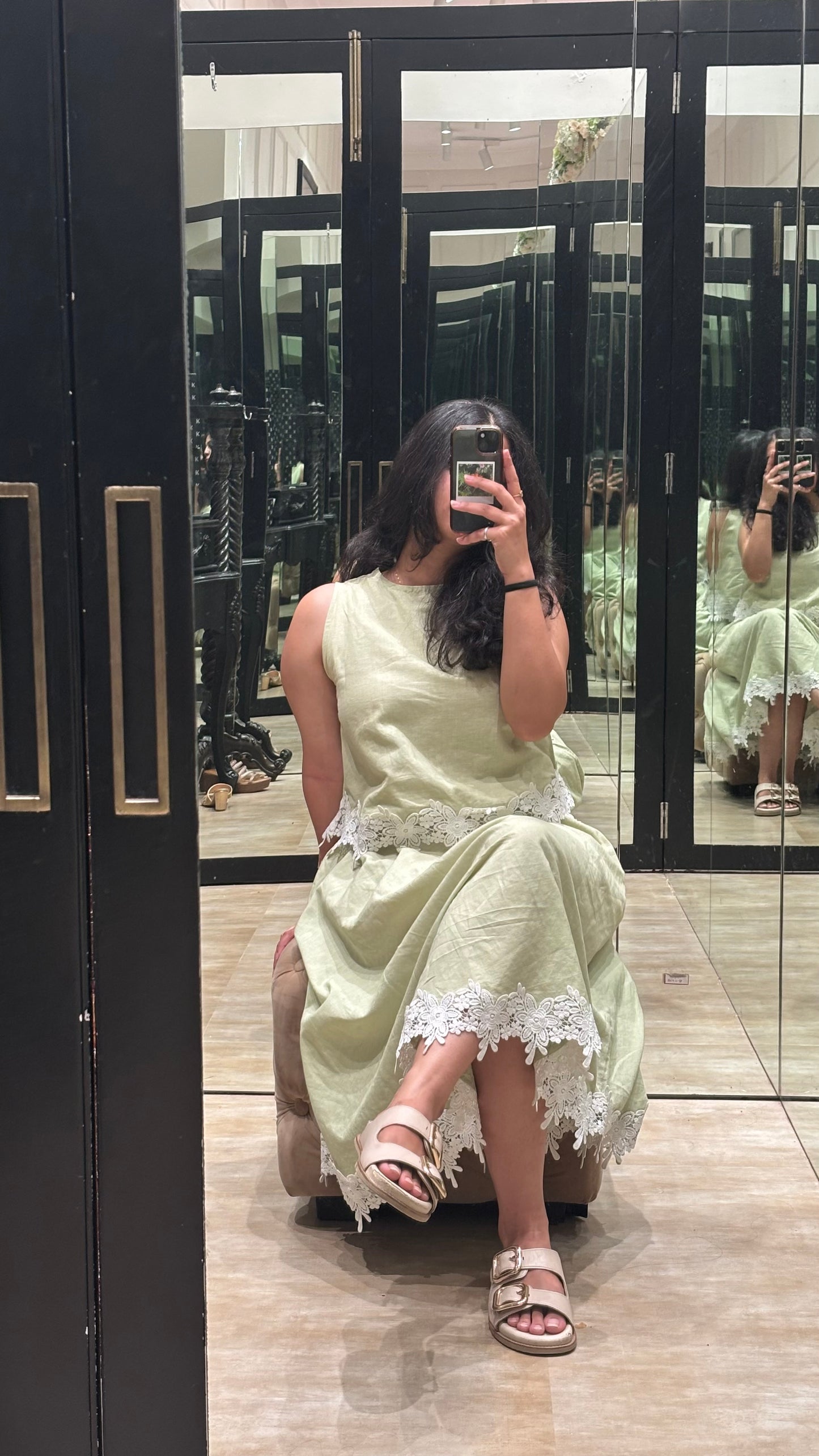 Vama pista green linen skirt set