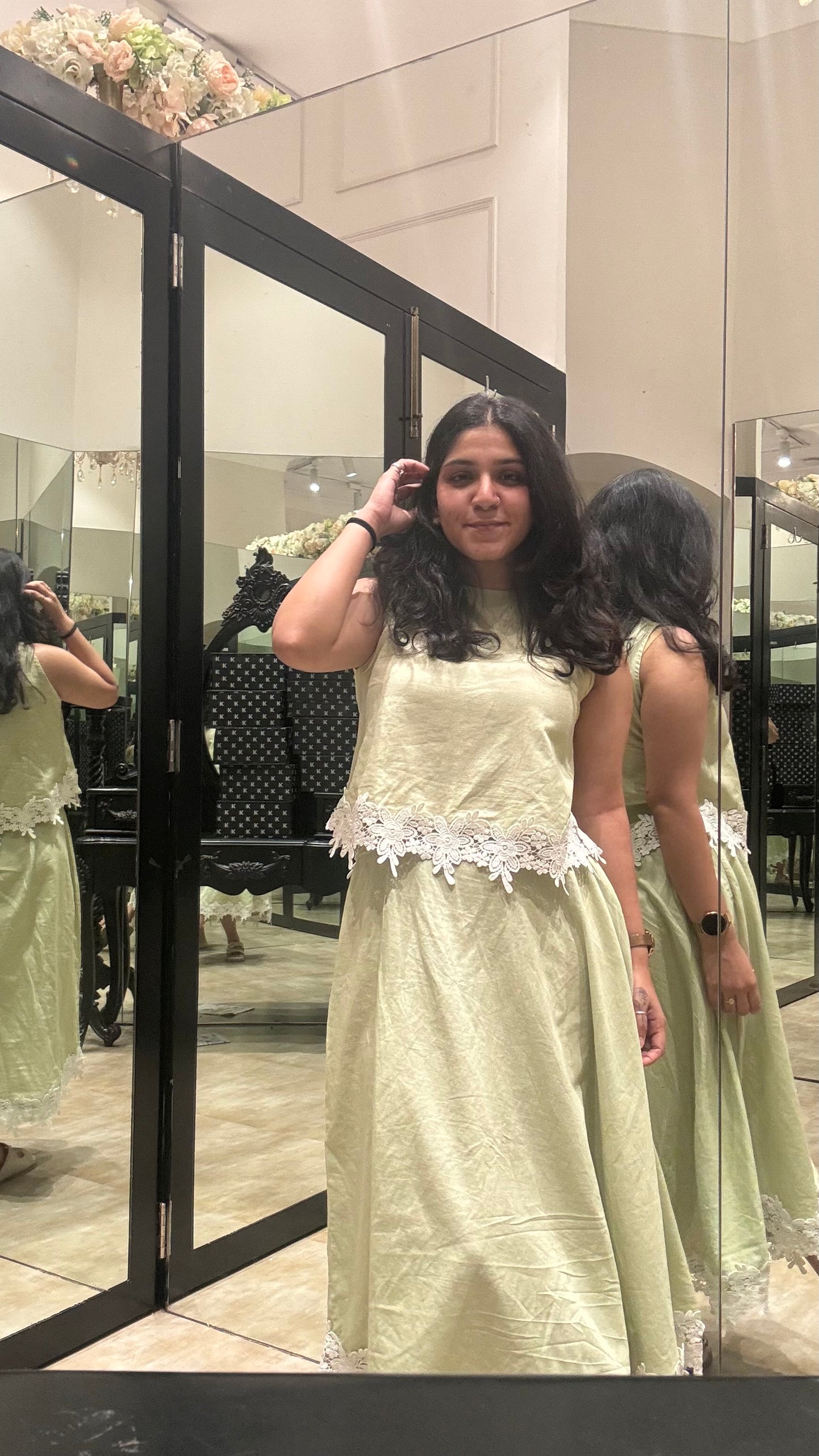 Vama pista green linen skirt set