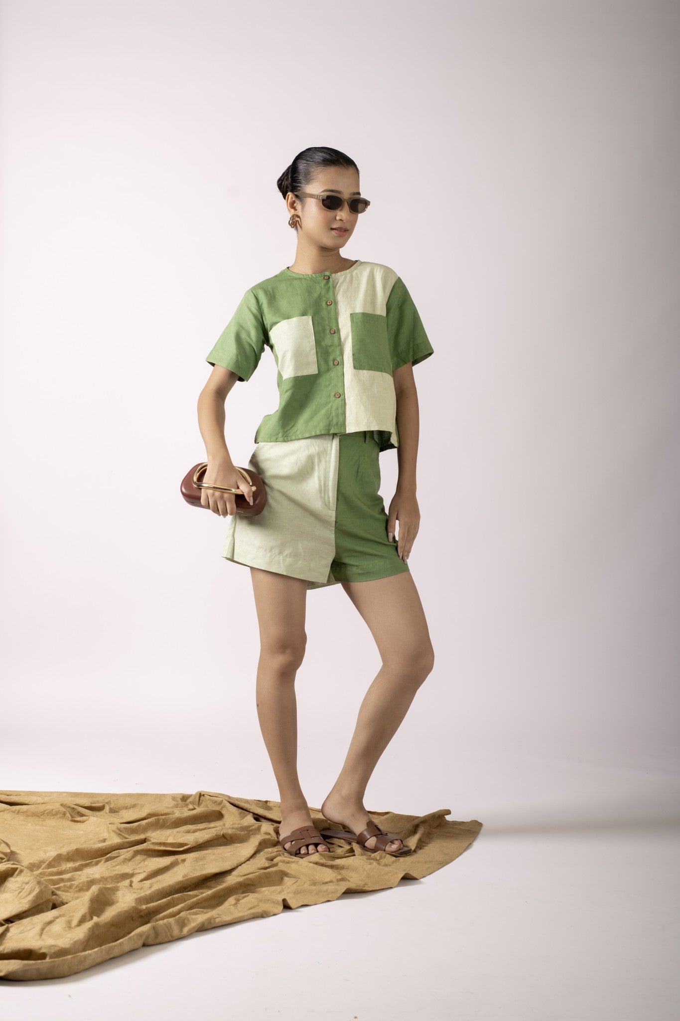 SAYLOR GREEN COLOURBLOCK SHIRT AND SHORTS