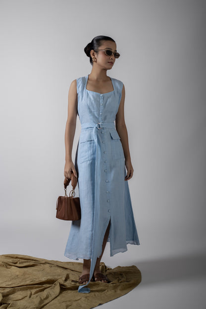 NORA BLUE PLACKET MAXI DRESS WITH BELT