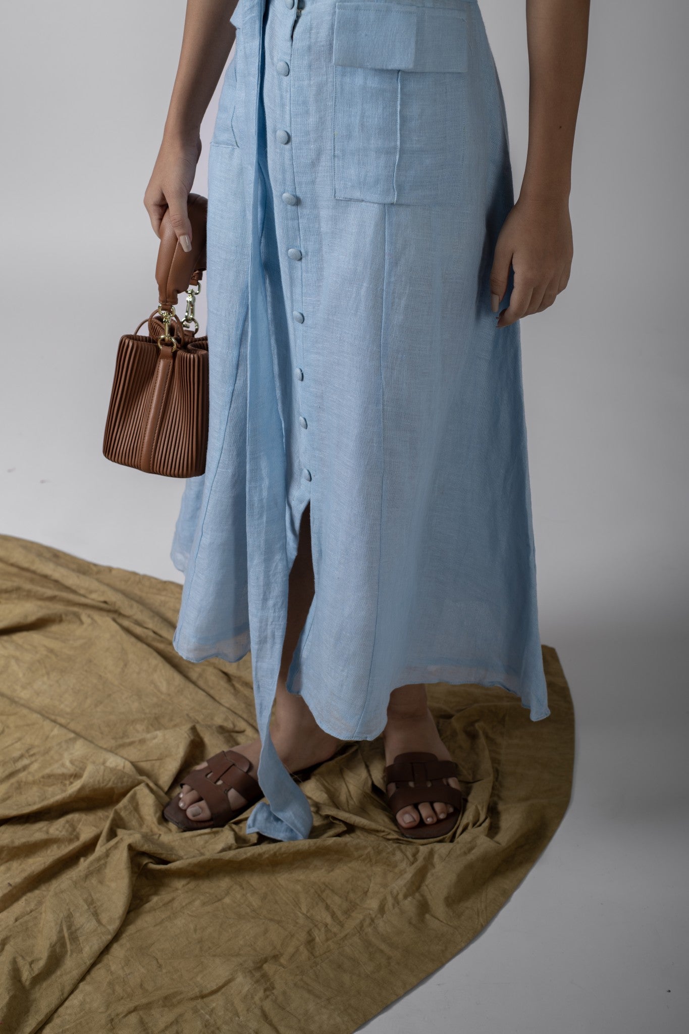 NORA BLUE PLACKET MAXI DRESS WITH BELT